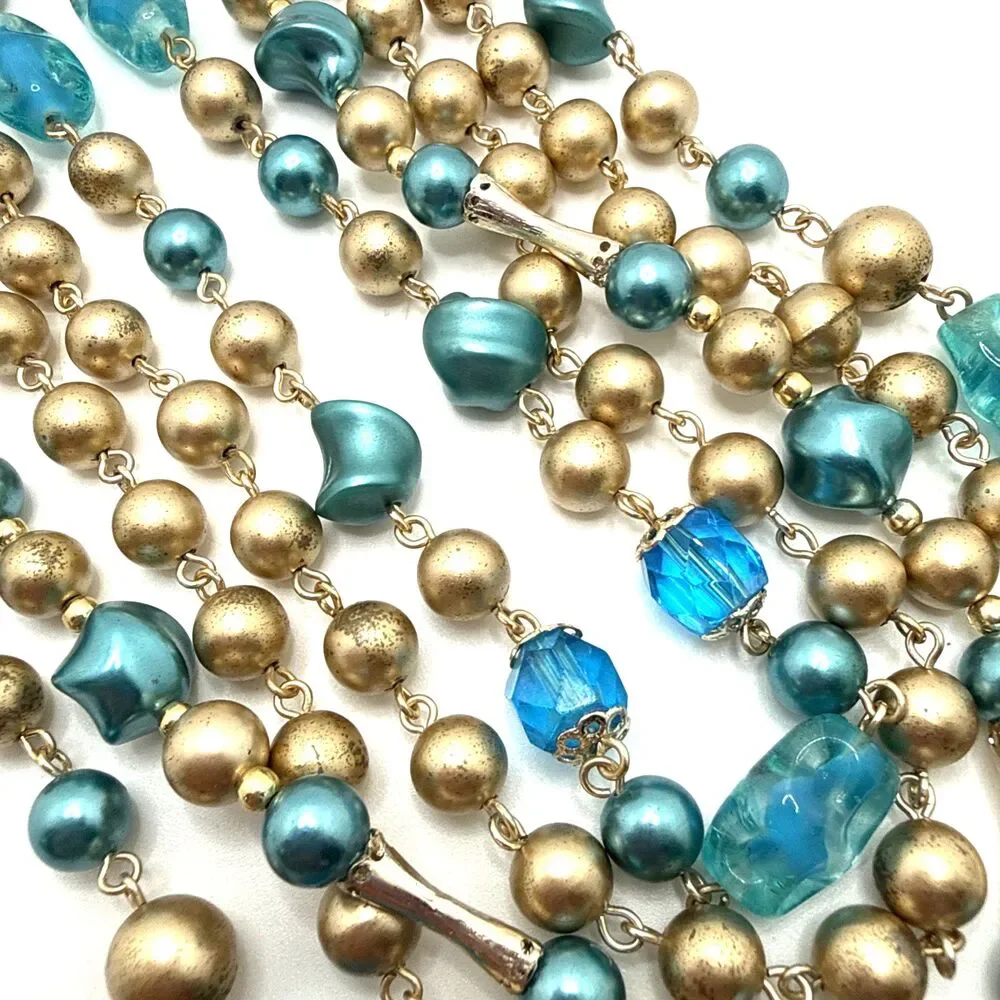 Vintage Japan Multi Strand Beaded Choker Necklace Blue Gold Mid Century 16